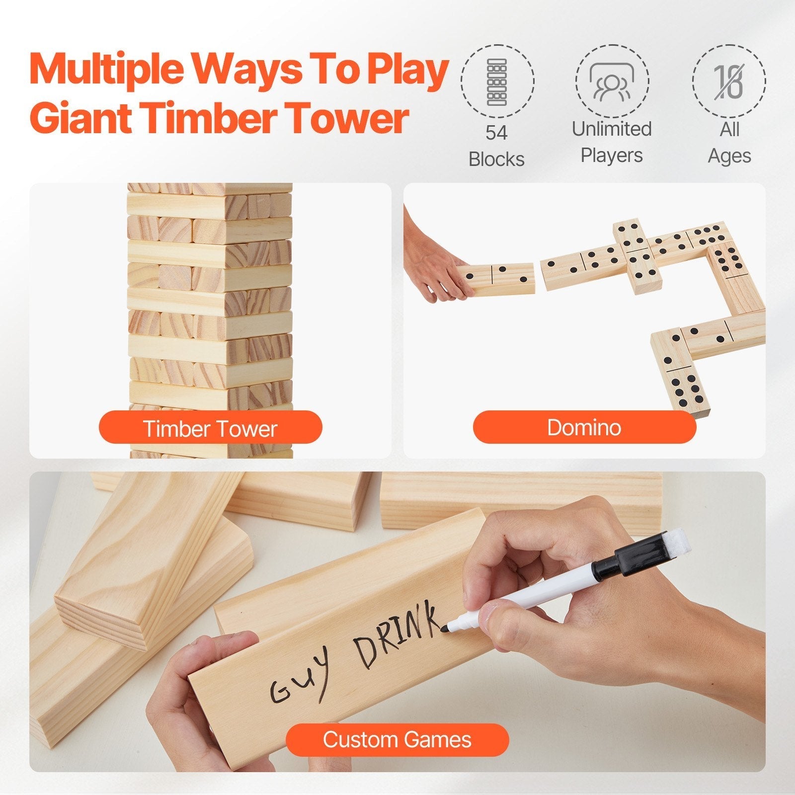 VEVOR Tumbling Timber Toy 60 Blocks Giant Tumble Tower Blocks Game Pine Wood Box