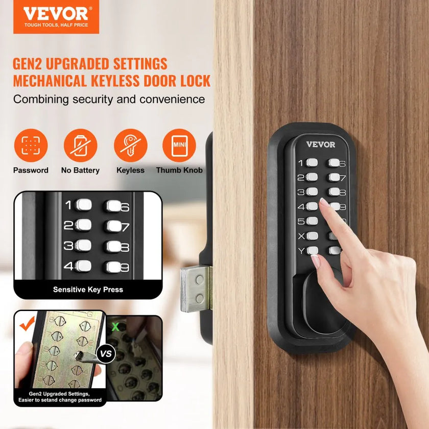 VEVOR Mechanical Keyless Entry Door Lock, 14 Digit Keypad, Water-proof Zinc Alloy, Outdoor Gate Door Locks Set with Surface-mounted Latch, Keypad and Knob, Easy to Install, for Garden, Garage, Yard