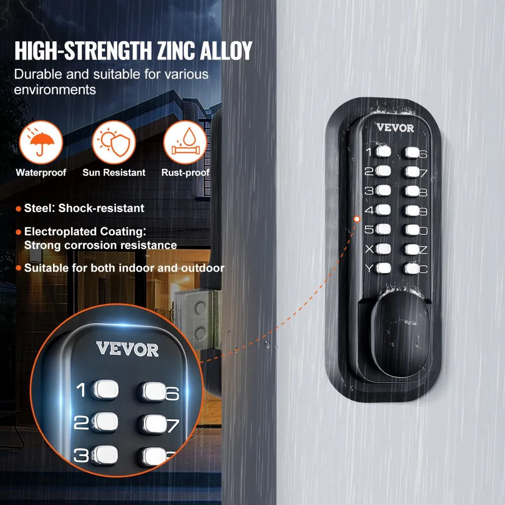 VEVOR Mechanical Keyless Entry Door Lock, 14 Digit Keypad, Water-proof Zinc Alloy, Outdoor Gate Door Locks Set with Surface-mounted Latch, Keypad and Knob, Easy to Install, for Garden, Garage, Yard