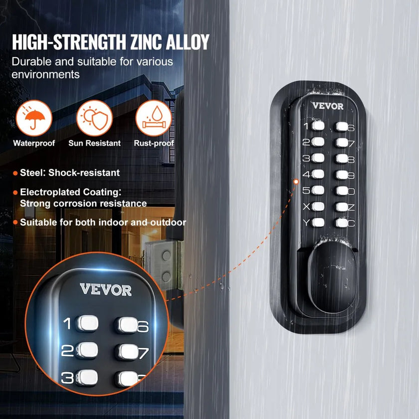 VEVOR Mechanical Keyless Entry Door Lock, 14 Digit Keypad, Water-proof Zinc Alloy, Outdoor Gate Door Locks Set with Surface-mounted Latch, Keypad and Knob, Easy to Install, for Garden, Garage, Yard