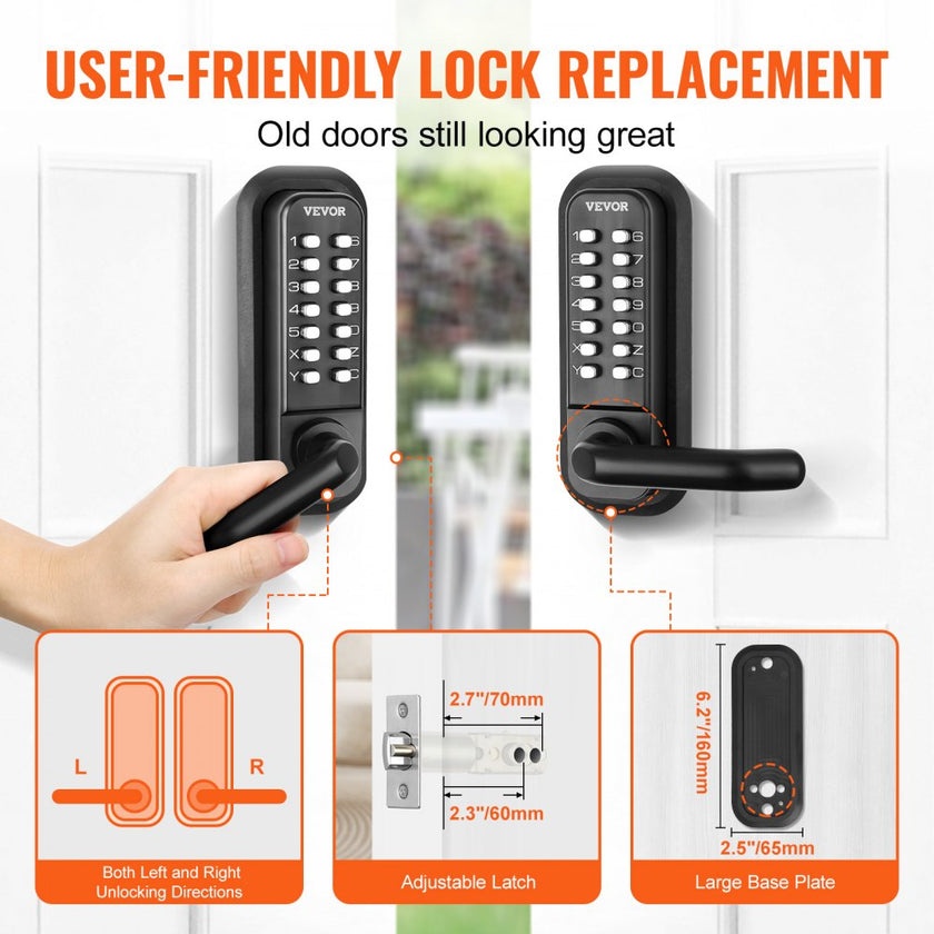 VEVOR Mechanical Keyless Entry Door Lock, 14 Digit Keypad, Water-proof Zinc Alloy, Embedded Outdoor Gate Door Locks Set with Keypad and Handle, Easy to Install, for Garden, Garage, Yard, Storage Shed