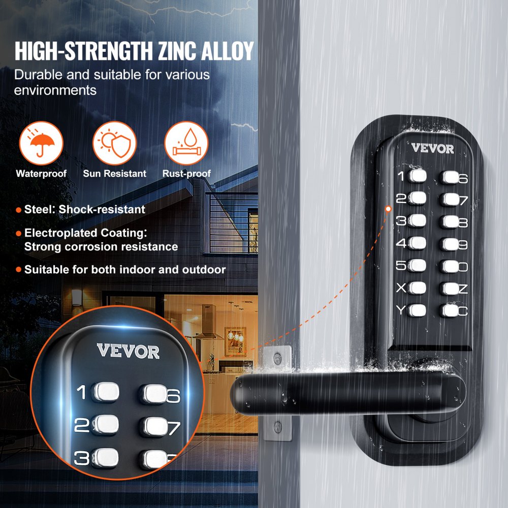 VEVOR Mechanical Keyless Entry Door Lock, 14 Digit Keypad, Water-proof Zinc Alloy, Embedded Outdoor Gate Door Locks Set with Keypad and Handle, Easy to Install, for Garden, Garage, Yard, Storage Shed
