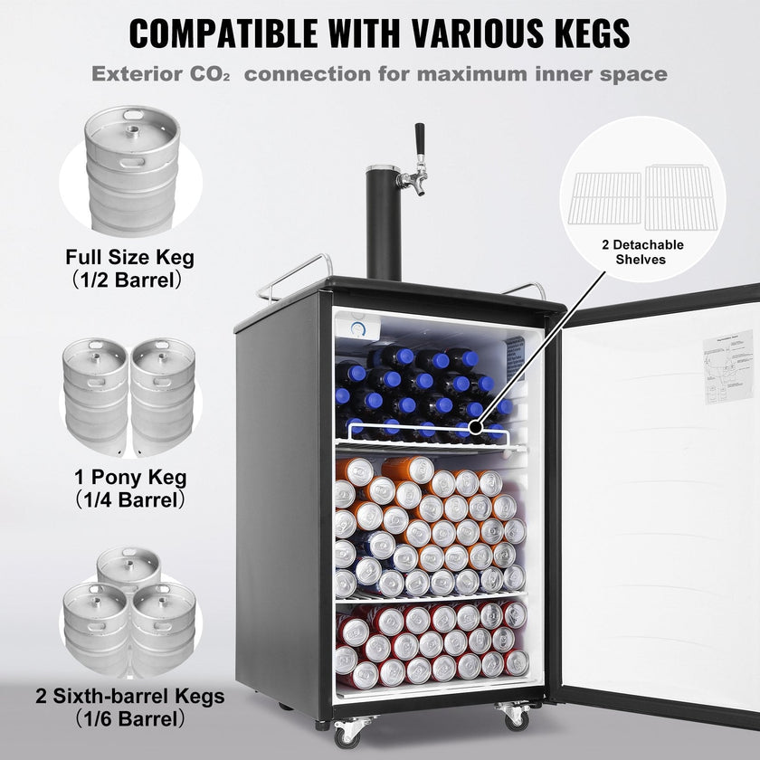 VEVOR Beer Kegerator, Single Tap Draft Beer Dispenser, Full Size Keg Refrigerator With Shelves, CO2 Cylinder, Drip Tray & Rail, 32°F- 50°F Temperature Control, Holds 1/6, 1/4, 1/2 Barrels, Black