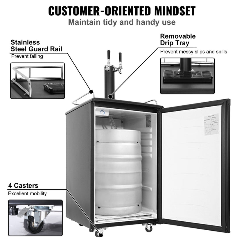 VEVOR Beer Kegerator, Dual Tap Draft Beer Dispenser, Full Size Keg Refrigerator With Shelves, CO2 Cylinder, Drip Tray & Rail, 32°F- 50°F Temperature Control, Holds 1/6, 1/4, 1/2 Barrels, Black