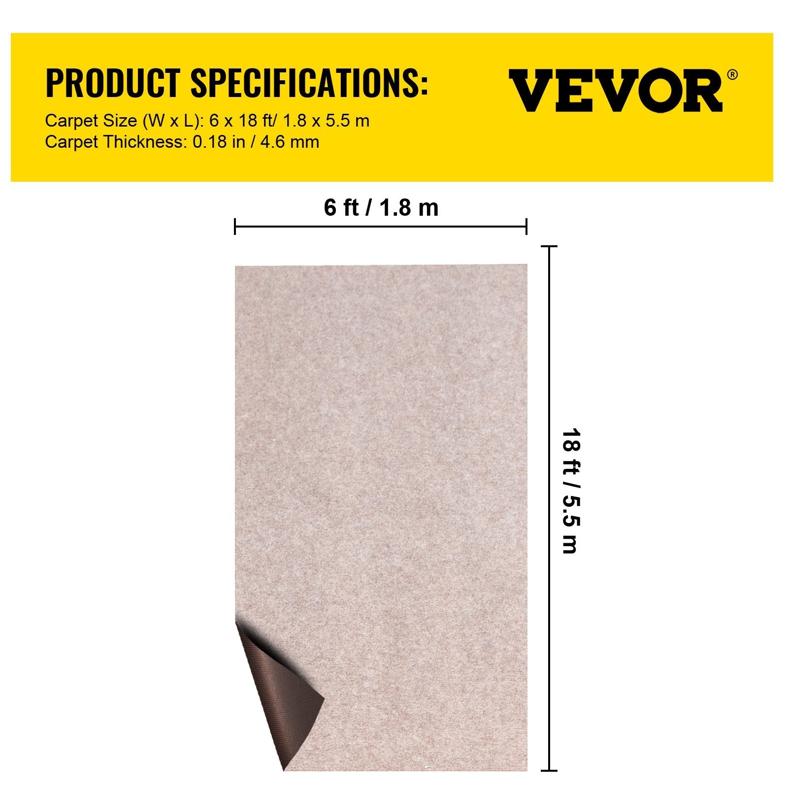 VEVOR Boat Carpet 6x18 feet, Marine Carpet for Boats, Waterproof Light Brown Indoor Outdoor Carpet with Marine Backing Anti-Slide Marine Grade Boat Carpet Cuttable Easy to Clean Patio Rugs Deck Rug