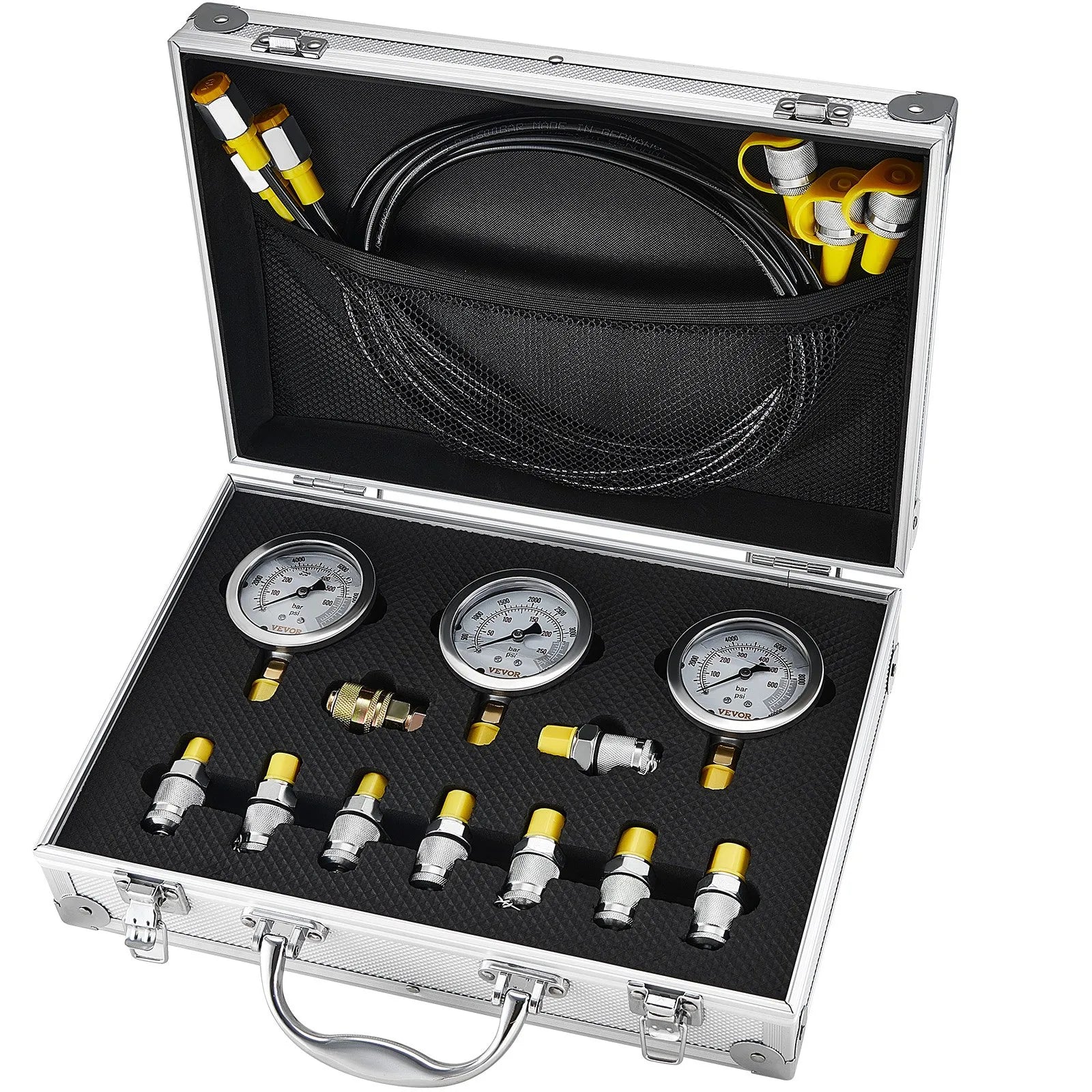 VEVOR Hydraulic Pressure Test Kit, 250/400/600bar, 3 Gauges 9 Test Couplings 3 Test Hoses, Excavator Hydraulic Test Gauge Set with Portable Carrying Case for Excavator Tractors Construction Machinery