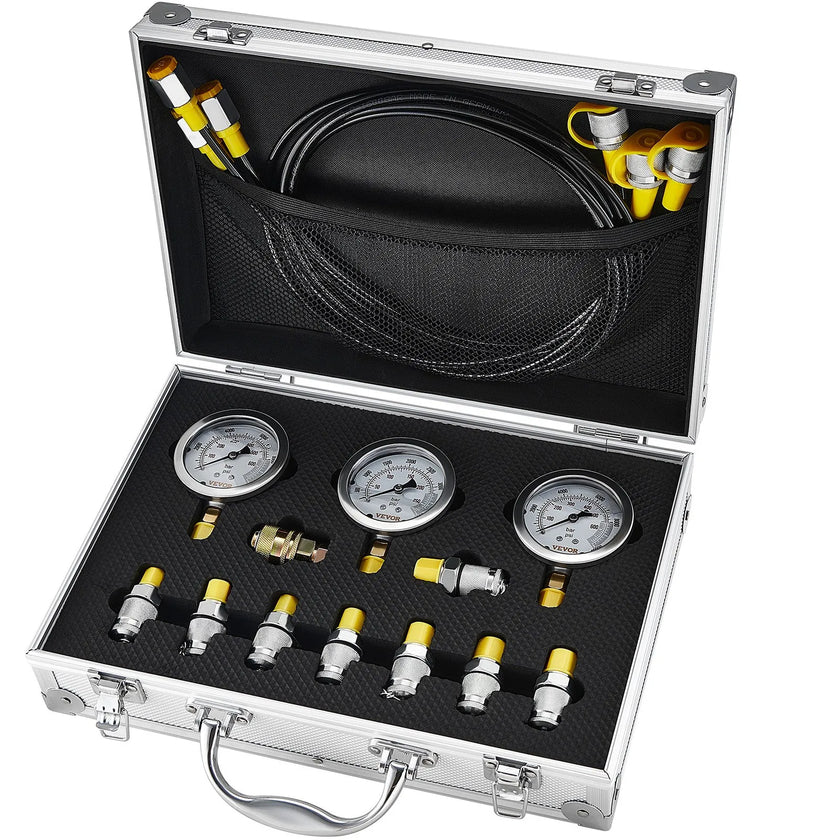 VEVOR Hydraulic Pressure Test Kit, 250/400/600bar, 3 Gauges 9 Test Couplings 3 Test Hoses, Excavator Hydraulic Test Gauge Set with Portable Carrying Case for Excavator Tractors Construction Machinery