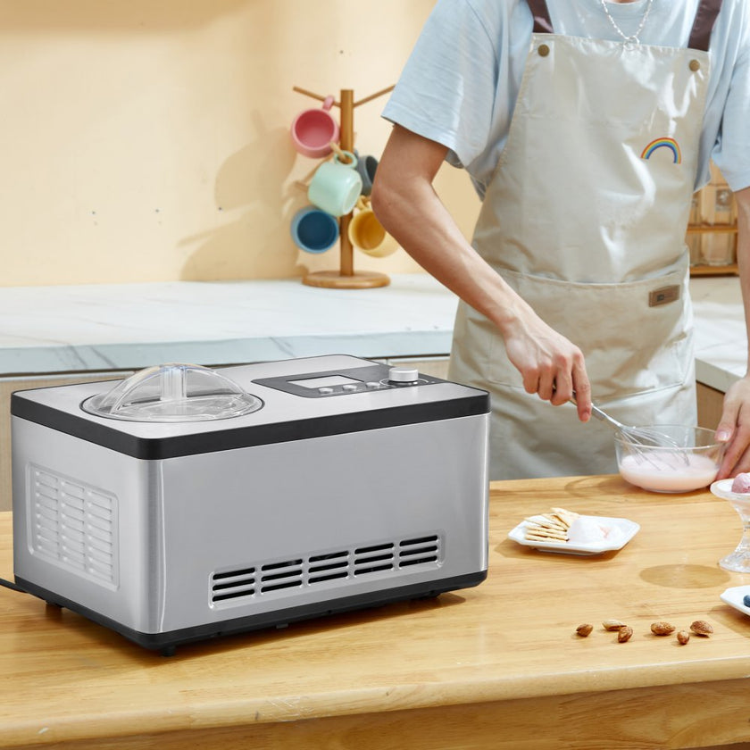 VEVOR Automatic Ice Cream Maker with Built-in Compressor, 2 Quart No Pre-freezing Fruit Yogurt Machine, Stainless Steel Electric Sorbet Maker, 3 Modes Gelato Maker with LCD Display & Timer, Silver