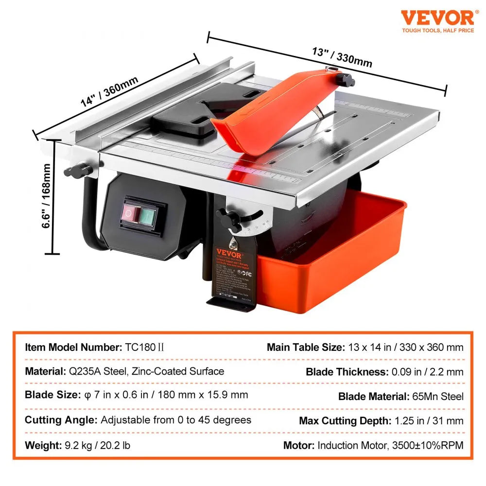 VEVOR Wet Tile Saw, 7-inch 65Mn Steel Blade, 3500 RPM Induction Motor, Tile Cutter Wet Saw with Water Reservoir, 0-45 Degrees Miter Angle for Cutting Tiles and Stones, for DIY Enthusiasts