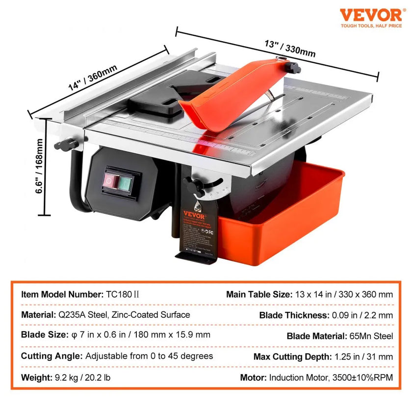 VEVOR Wet Tile Saw, 7-inch 65Mn Steel Blade, 3500 RPM Induction Motor, Tile Cutter Wet Saw with Water Reservoir, 0-45 Degrees Miter Angle for Cutting Tiles and Stones, for DIY Enthusiasts