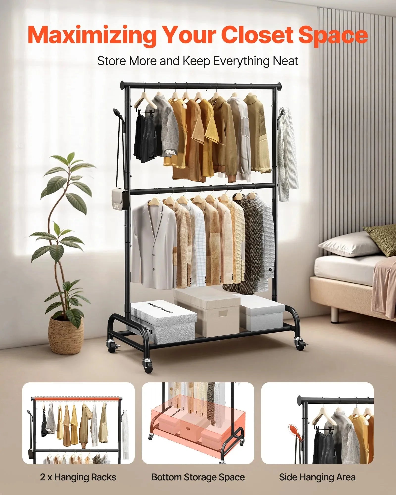 VEVOR Clothes Rack, Rolling Clothing Garment Rack with Adjustable Crossbar and Side Hooks, 150 lbs Load Capacity, Heavy Duty Carbon Steel Clothing Racks with Wheels for Bedroom, Laundry, Living Room