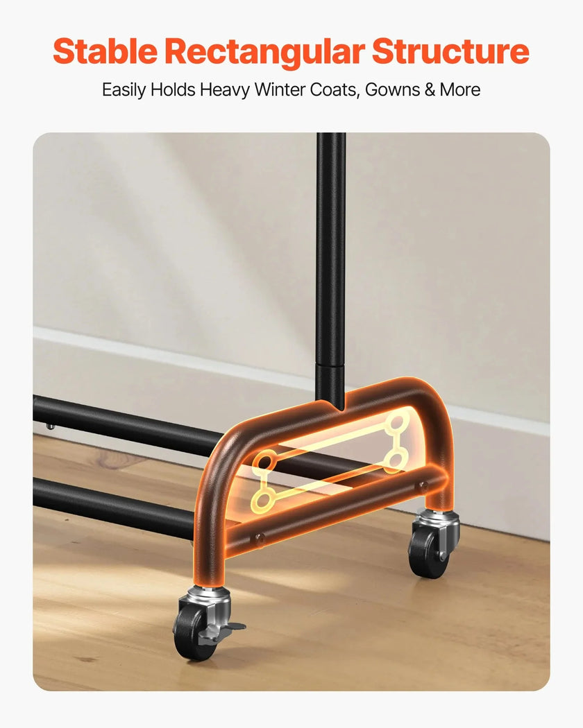 VEVOR Clothes Rack, Rolling Clothing Garment Rack with Adjustable Crossbar and Side Hooks, 150 lbs Load Capacity, Heavy Duty Carbon Steel Clothing Racks with Wheels for Bedroom, Laundry, Living Room