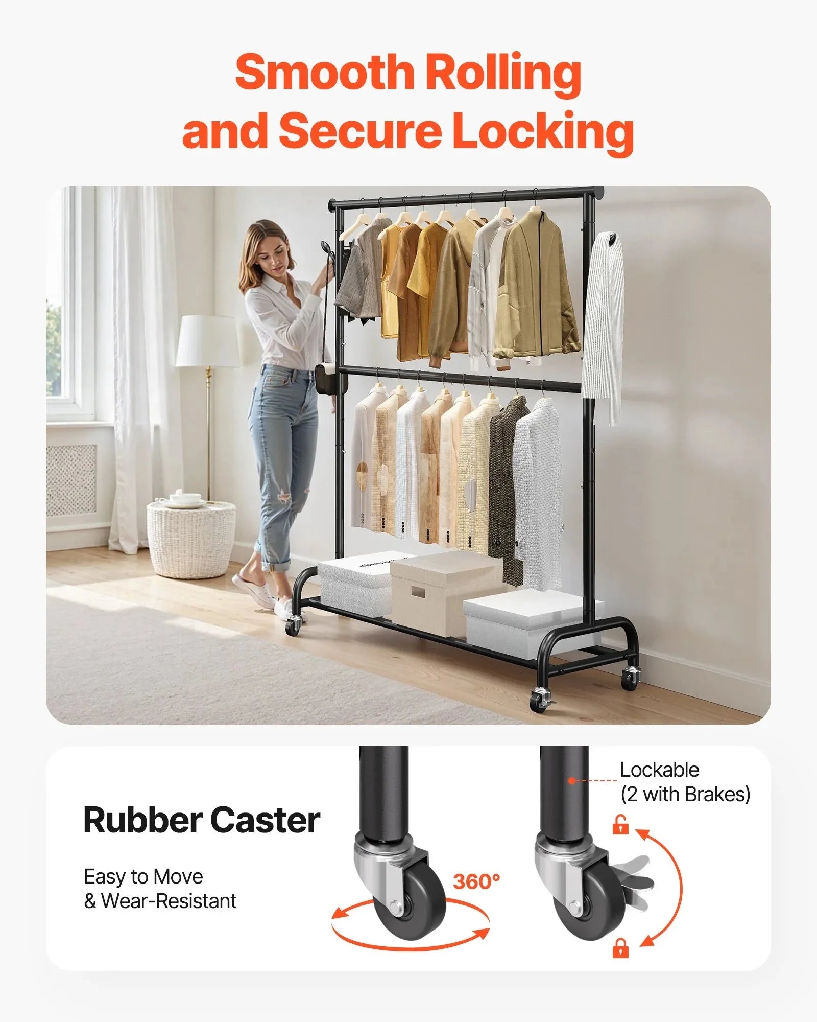 VEVOR Clothes Rack, Rolling Clothing Garment Rack with Adjustable Crossbar and Side Hooks, 150 lbs Load Capacity, Heavy Duty Carbon Steel Clothing Racks with Wheels for Bedroom, Laundry, Living Room
