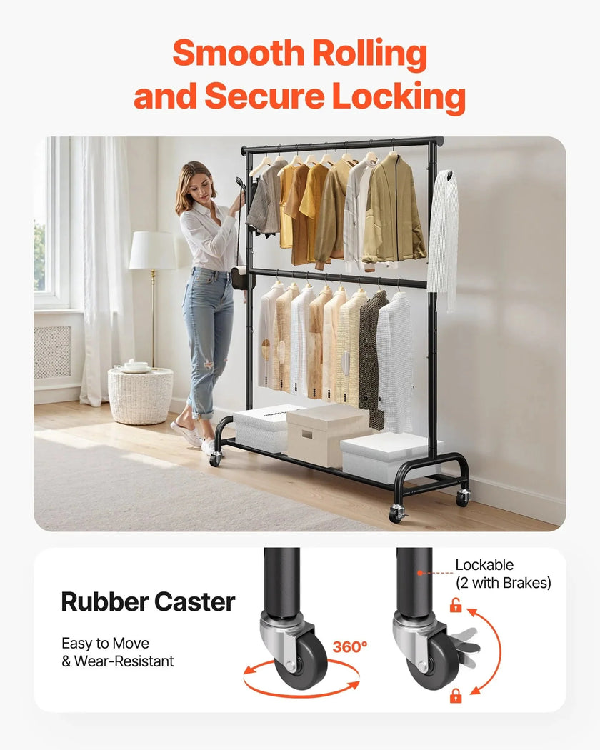VEVOR Clothes Rack, Rolling Clothing Garment Rack with Adjustable Crossbar and Side Hooks, 150 lbs Load Capacity, Heavy Duty Carbon Steel Clothing Racks with Wheels for Bedroom, Laundry, Living Room