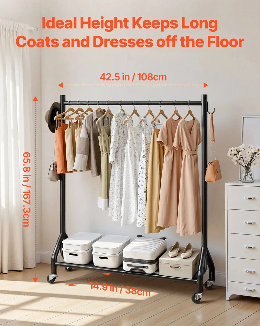 VEVOR Clothes Rack, Rolling Clothing Garment Rack with Hanging Rod and Side Hooks, 198 lbs Load Capacity, Heavy Duty Carbon Steel Clothing Racks with Wheels, Ideal for Bedroom, Laundry, Living Room