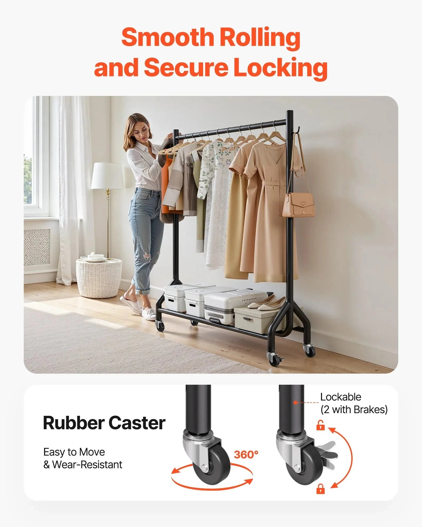 VEVOR Clothes Rack, Rolling Clothing Garment Rack with Hanging Rod and Side Hooks, 198 lbs Load Capacity, Heavy Duty Carbon Steel Clothing Racks with Wheels, Ideal for Bedroom, Laundry, Living Room