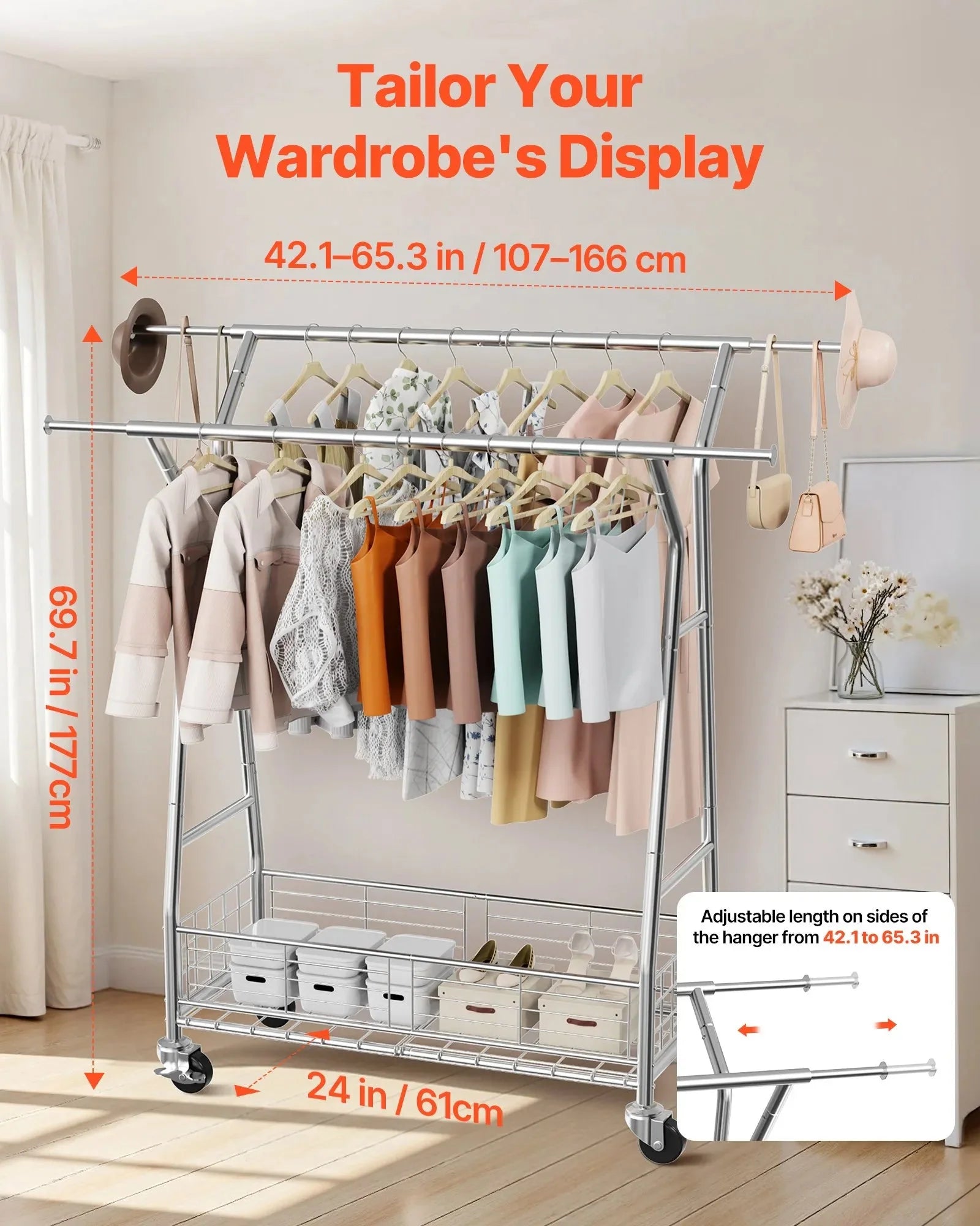 VEVOR Clothes Rack, Rolling Clothing Garment Rack with 2 Hanging Rods and Storage Basket, 330 lbs Load Capacity, Extendable Carbon Steel Clothing Racks with Wheels for Bedroom, Laundry, Living Room