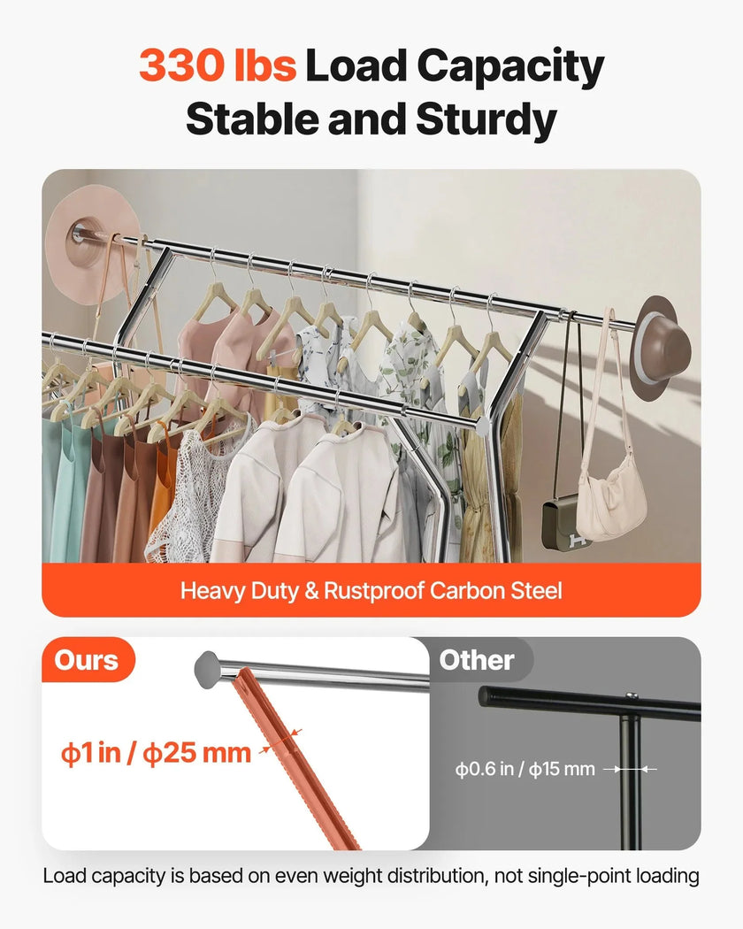 VEVOR Clothes Rack, Rolling Clothing Garment Rack with 2 Hanging Rods and Storage Basket, 330 lbs Load Capacity, Extendable Carbon Steel Clothing Racks with Wheels for Bedroom, Laundry, Living Room