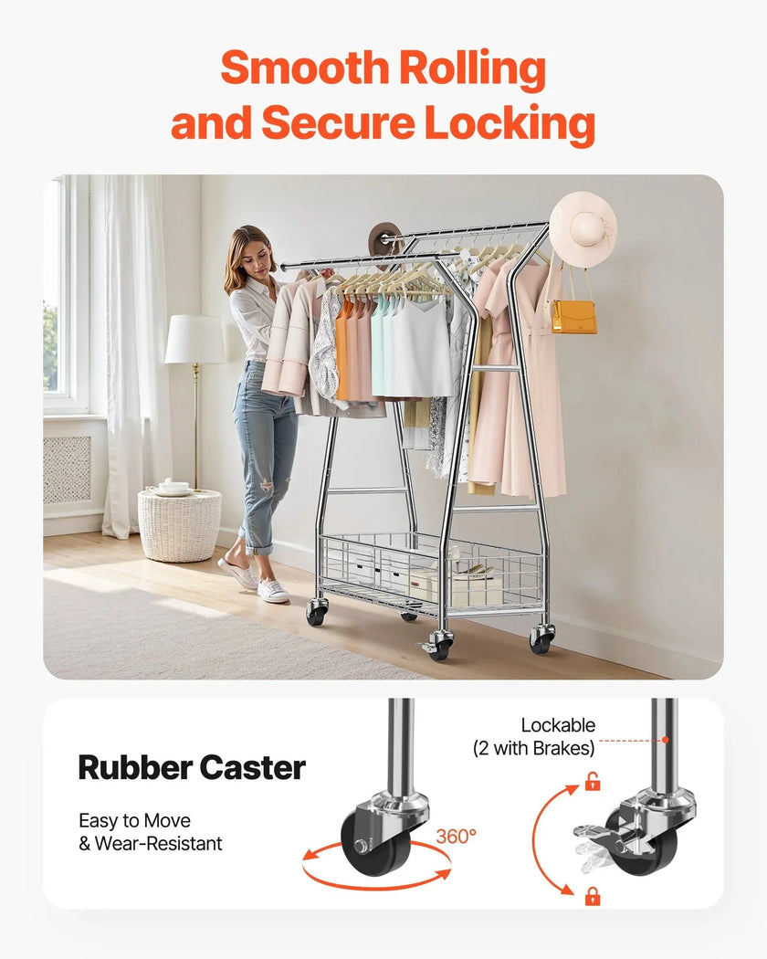 VEVOR Clothes Rack, Rolling Clothing Garment Rack with 2 Hanging Rods and Storage Basket, 330 lbs Load Capacity, Extendable Carbon Steel Clothing Racks with Wheels for Bedroom, Laundry, Living Room