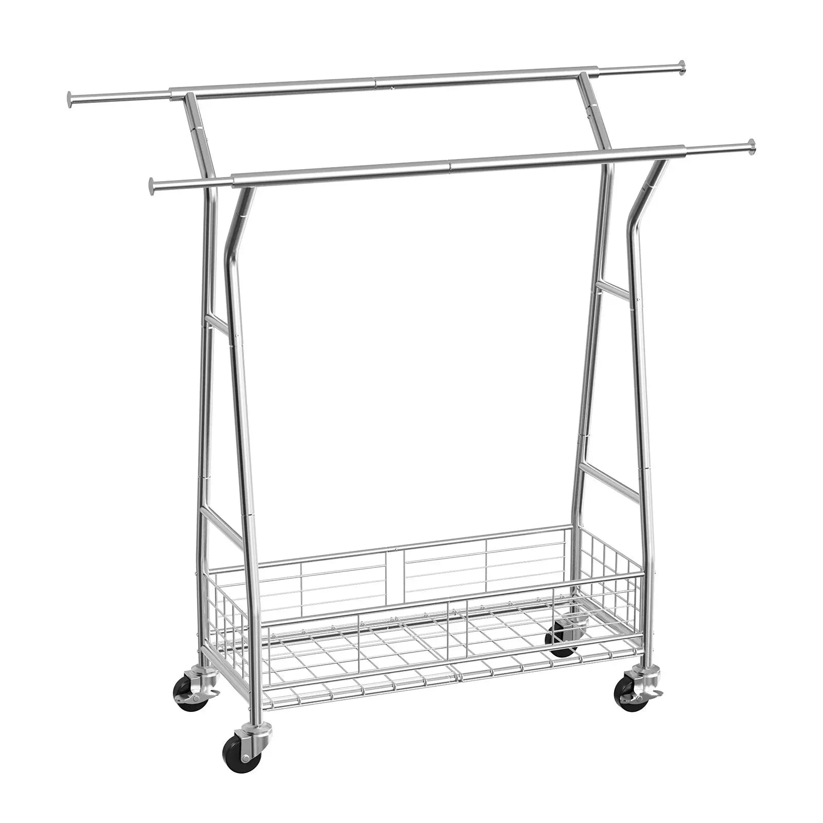 VEVOR Clothes Rack, Rolling Clothing Garment Rack with 2 Hanging Rods and Storage Basket, 330 lbs Load Capacity, Extendable Carbon Steel Clothing Racks with Wheels for Bedroom, Laundry, Living Room