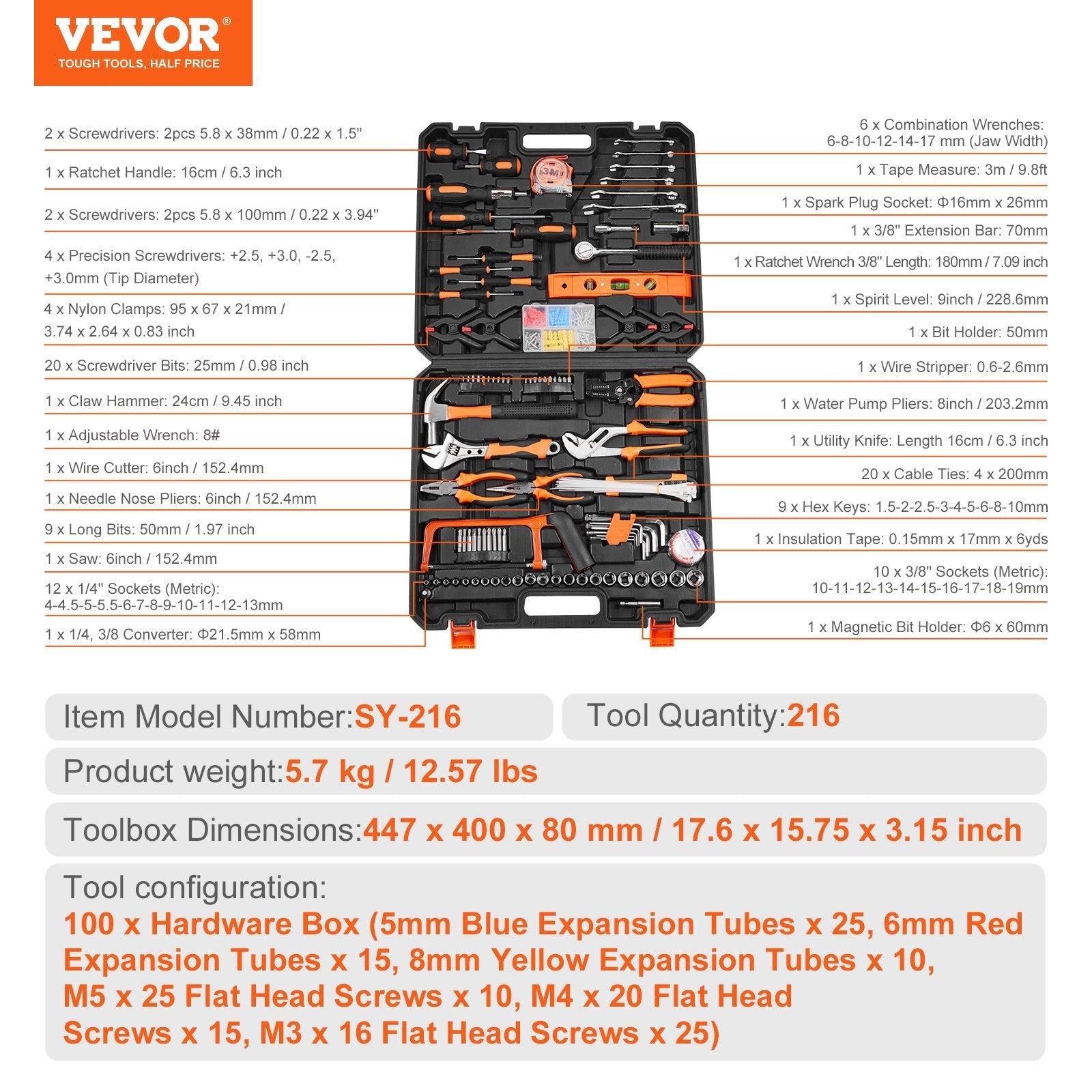 VEVOR Tool Kit, 216 Piece General Household Hand Tool Set, Home Repairing Tool Kit with Portable Tool Storage Case, High-Quality Steel, for Home Maintenance, DIY Projects, and Automotive Repair