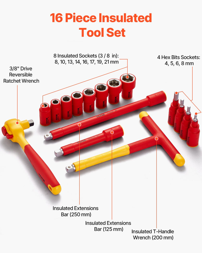 VEVOR Insulated Socket Set 16-Piece Insulated Socket Tool with T-Handle Wrench