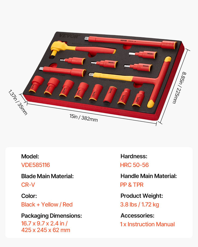VEVOR Insulated Socket Set 16-Piece Insulated Socket Tool with T-Handle Wrench