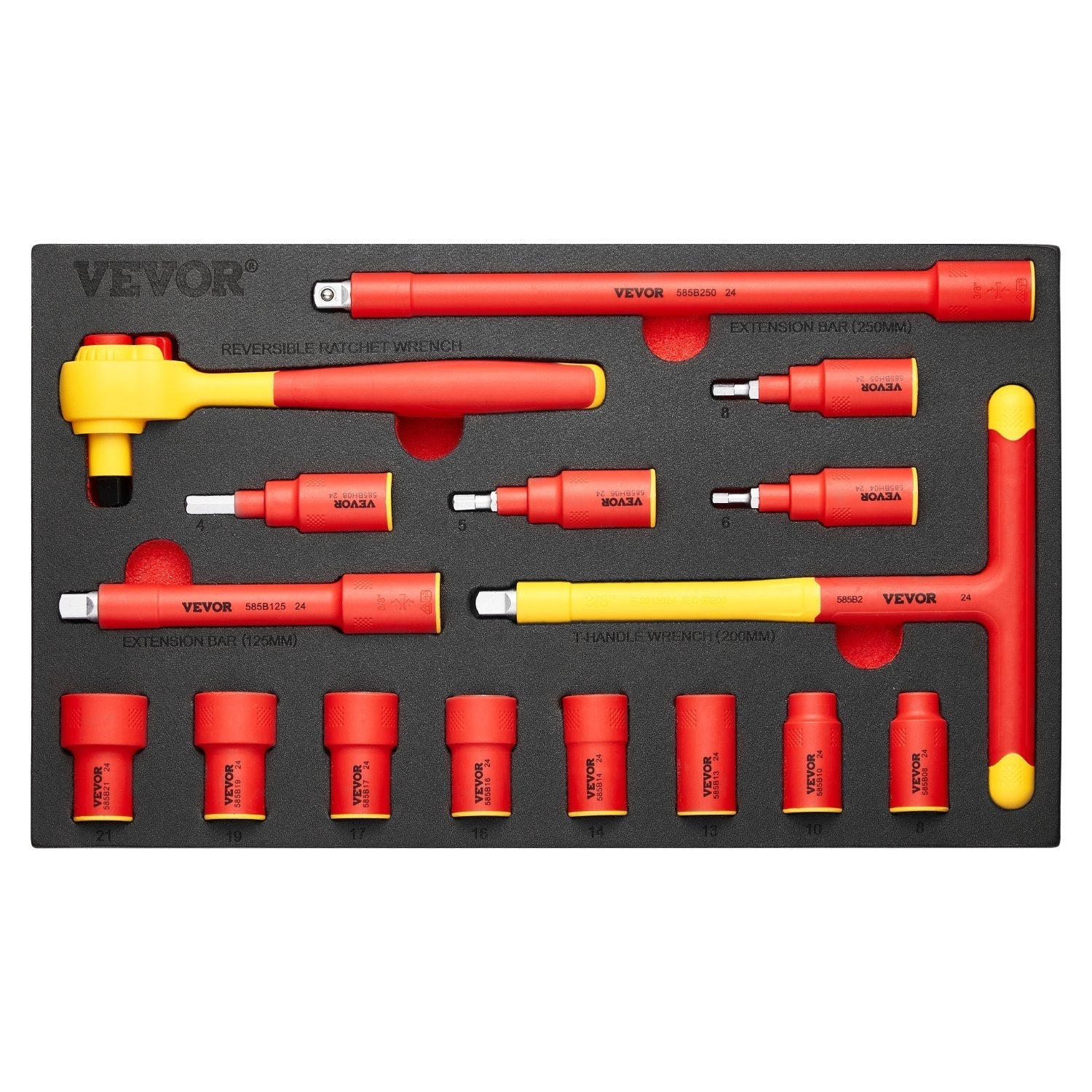 VEVOR Insulated Socket Set 16-Piece Insulated Socket Tool with T-Handle Wrench