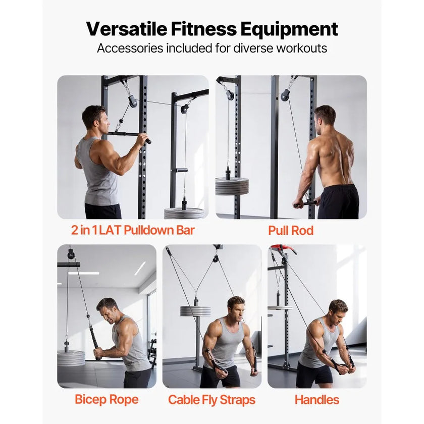 LAT & Lift Pulley System (2 PCS) Gym Cable Attachment with Steel Cables, Short Bar & Dual Grip Handles, 330 lb Capacity