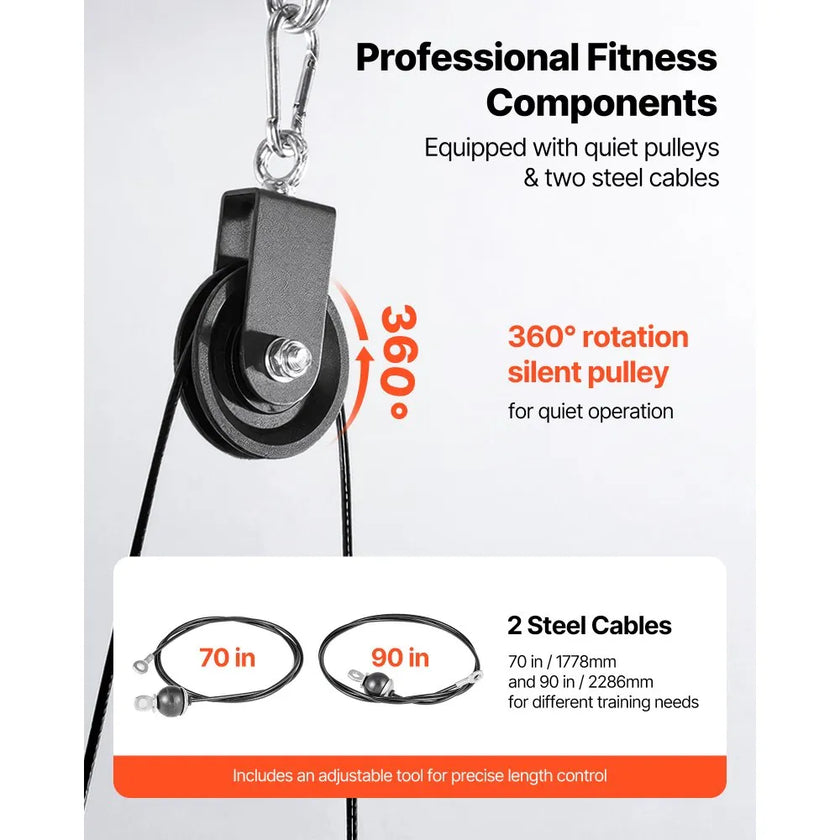 LAT & Lift Pulley System (2 PCS) Gym Cable Attachment with Steel Cables, Short Bar & Dual Grip Handles, 330 lb Capacity