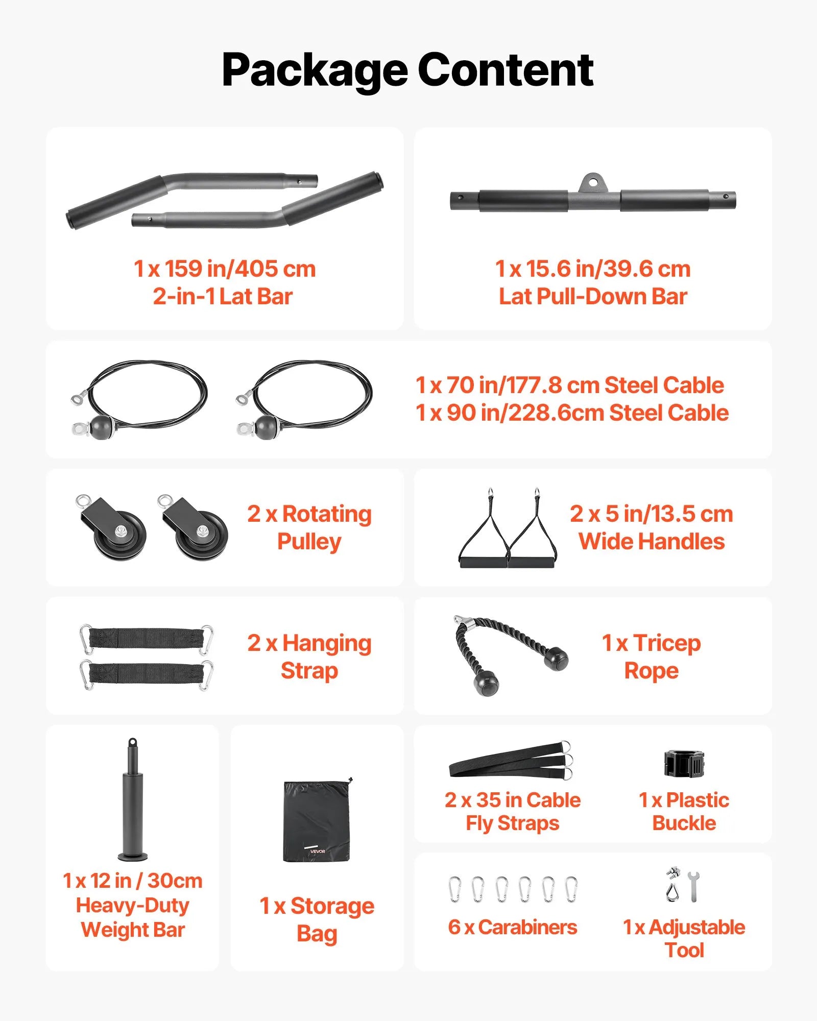 LAT & Lift Pulley System (2 PCS) Gym Cable Attachment with Steel Cables, Short Bar & Dual Grip Handles, 330 lb Capacity