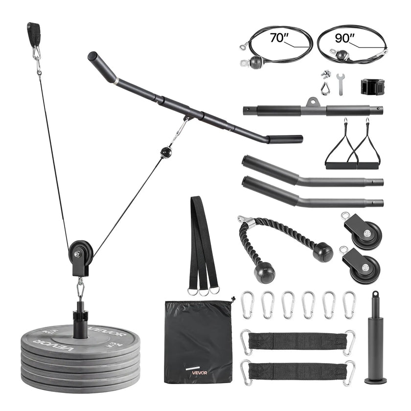LAT & Lift Pulley System (2 PCS) Gym Cable Attachment with Steel Cables, Short Bar & Dual Grip Handles, 330 lb Capacity
