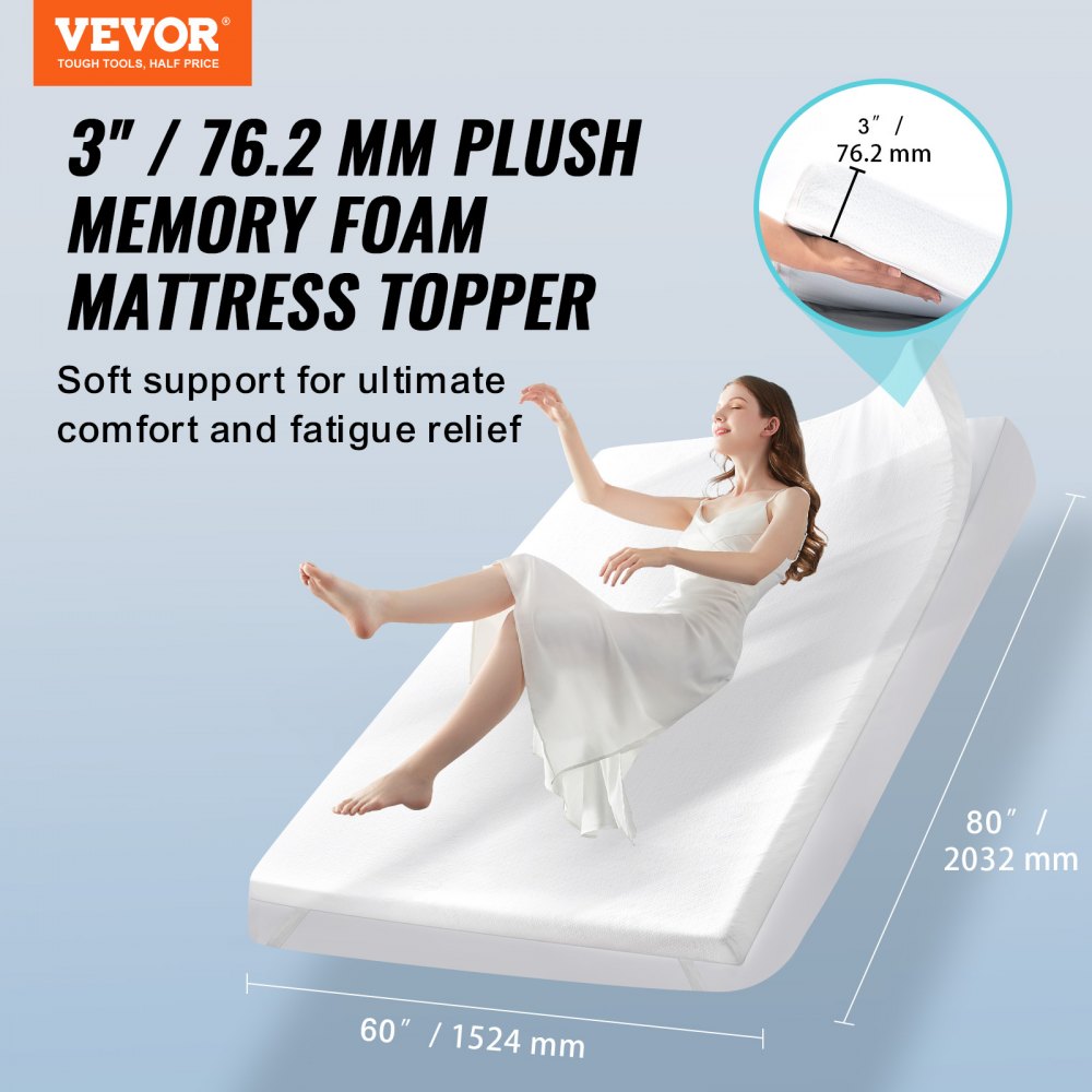VEVOR Mattress Topper Soft Memory Foam Detachable & Washable Queen 3
