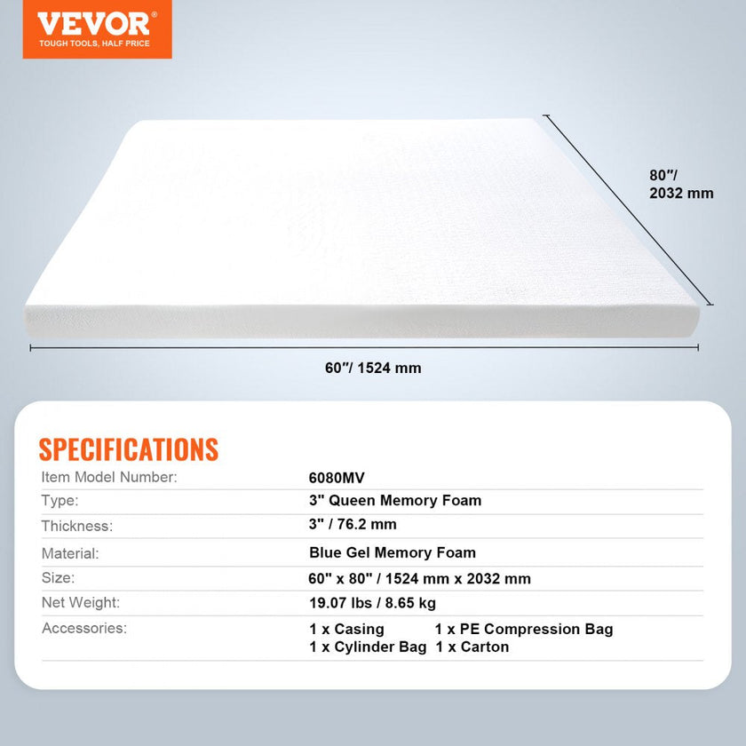 VEVOR Mattress Topper Soft Memory Foam Detachable & Washable Queen 3