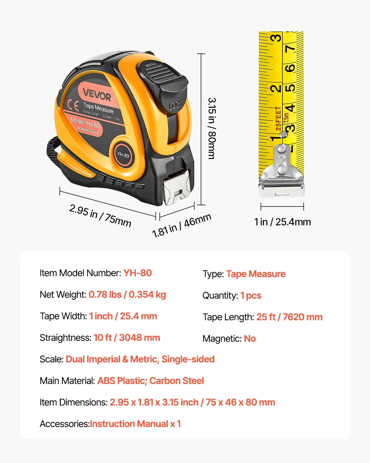 VEVOR Tape Measure 25ft Retractable Imperial Metric ABS Case for Decoration