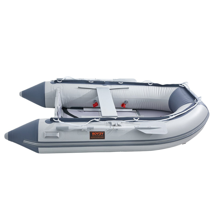 VEVOR Inflatable Dinghy Boat, 4-Person Transom Sport Tender Boat, with Marine Wood Floor and Adjustable Aluminum Bench, 1000 lbs Inflatable Fishing Boat Raft, Aluminum Oars, Air Pump, and Carry Bag