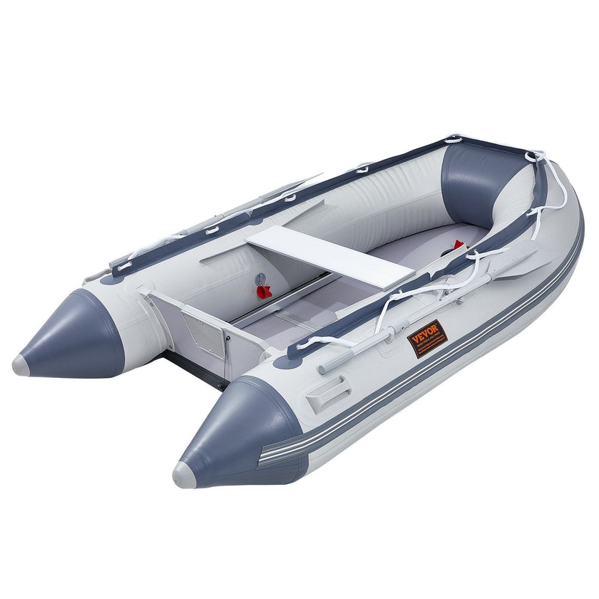 VEVOR Inflatable Dinghy Boat, 4-Person Transom Sport Tender Boat, with Marine Wood Floor and Adjustable Aluminum Bench, 1000 lbs Inflatable Fishing Boat Raft, Aluminum Oars, Air Pump, and Carry Bag