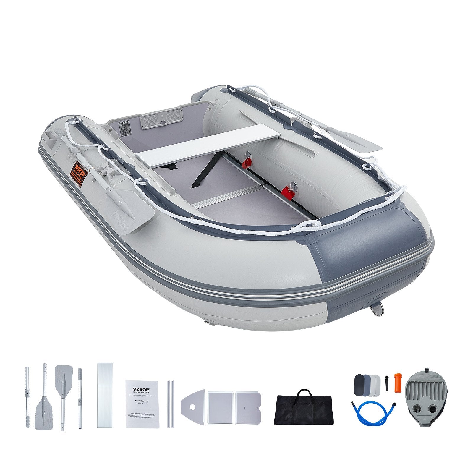 VEVOR Inflatable Dinghy Boat, 4-Person Transom Sport Tender Boat, with Marine Wood Floor and Adjustable Aluminum Bench, 1000 lbs Inflatable Fishing Boat Raft, Aluminum Oars, Air Pump, and Carry Bag