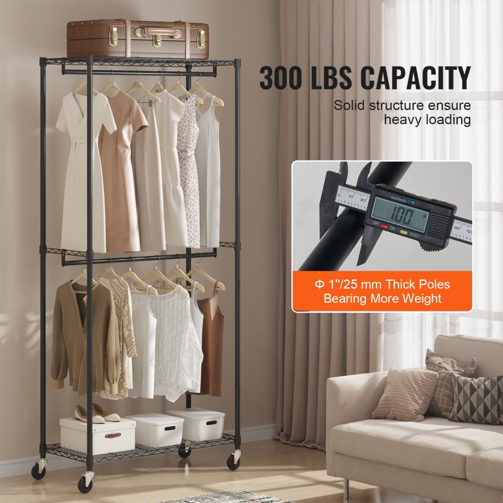 VEVOR Heavy Duty Clothes Rack, Double Hanging Rods Clothing Garment Rack with Bottom and Top Storage Tier, Rolling Clothing Rack for Hanging Clothes, 1'' Diameter Thicken Steel Tube Hold Up to 300Lbs