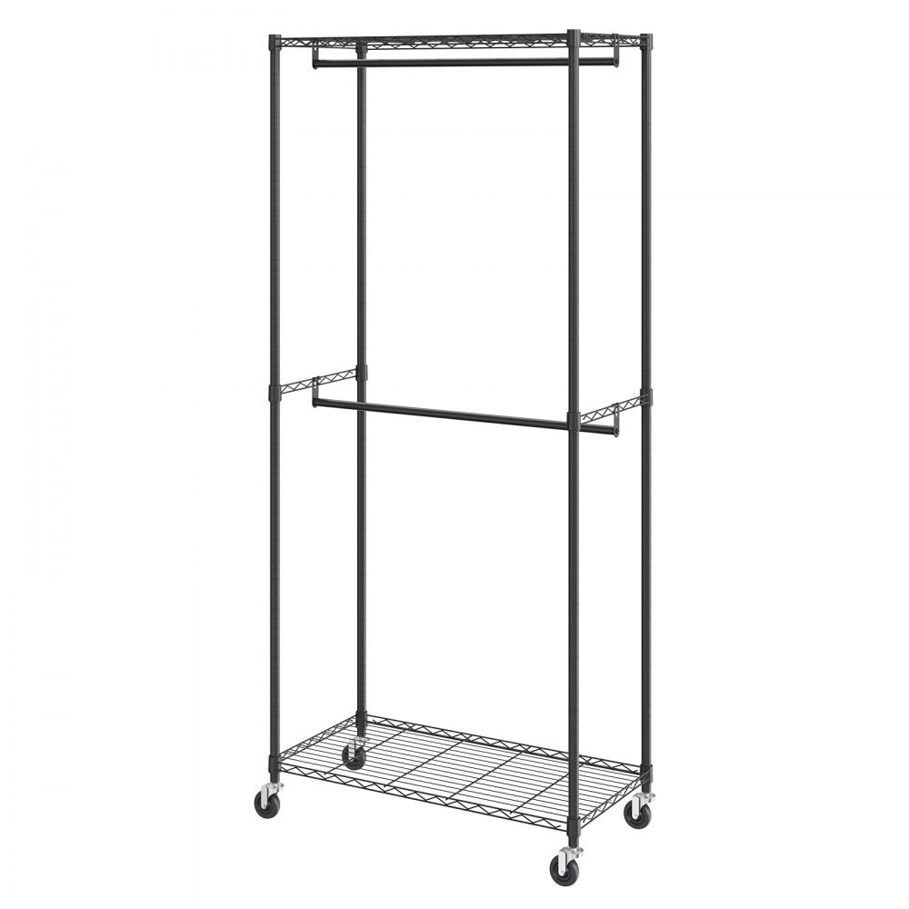 VEVOR Heavy Duty Clothes Rack, Double Hanging Rods Clothing Garment Rack with Bottom and Top Storage Tier, Rolling Clothing Rack for Hanging Clothes, 1'' Diameter Thicken Steel Tube Hold Up to 300Lbs