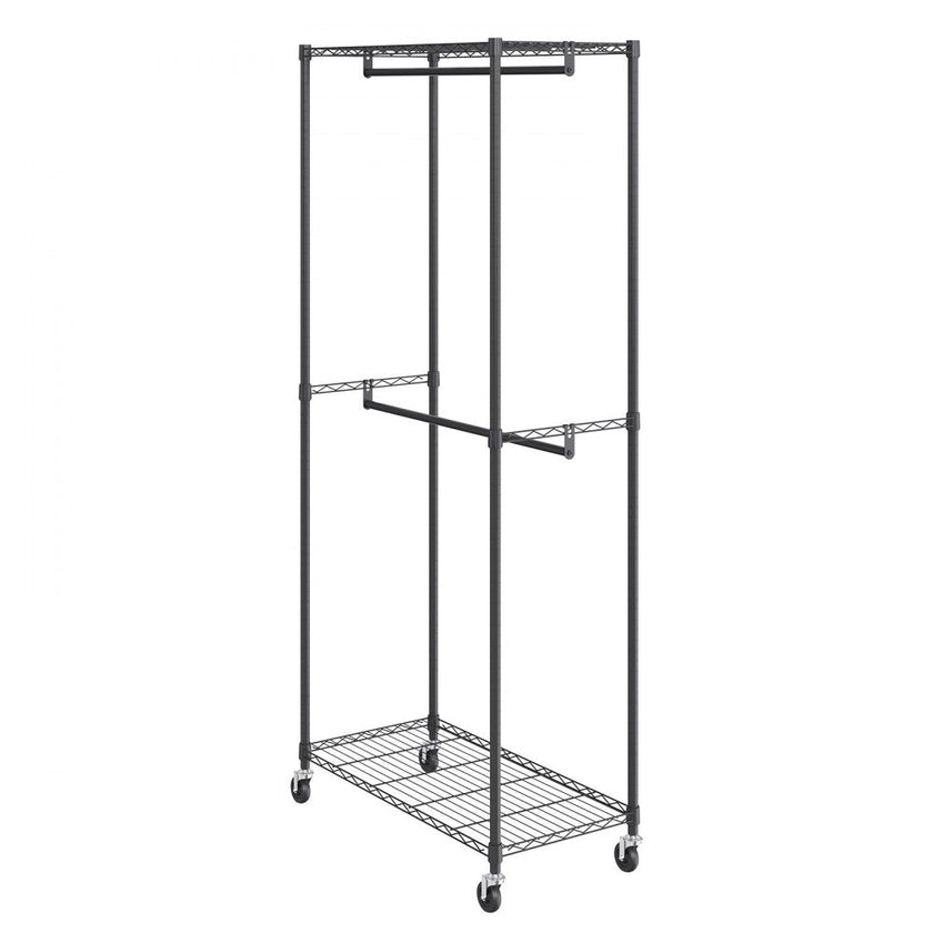 VEVOR Heavy Duty Clothes Rack, Double Hanging Rods Clothing Garment Rack with Bottom and Top Storage Tier, Rolling Clothing Rack for Hanging Clothes, 1'' Diameter Thicken Steel Tube Hold Up to 300Lbs