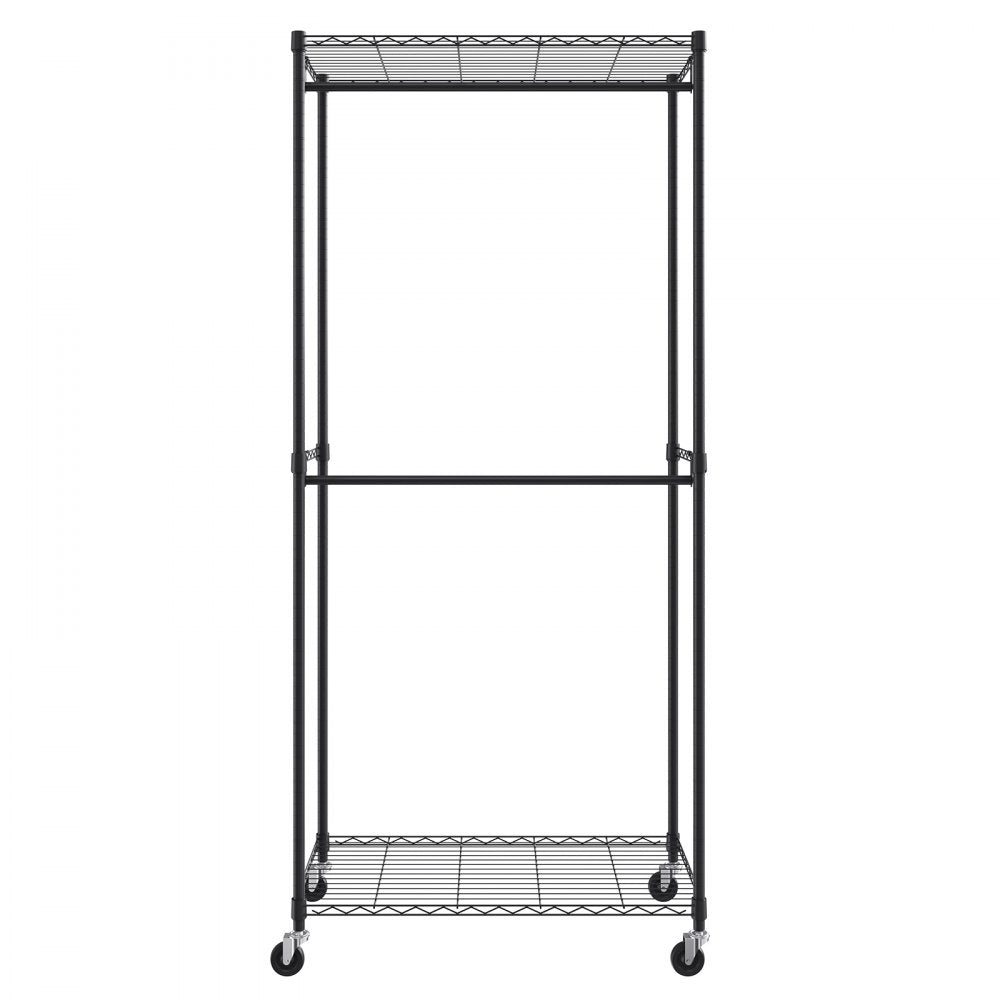 VEVOR Heavy Duty Clothes Rack, Double Hanging Rods Clothing Garment Rack with Bottom and Top Storage Tier, Rolling Clothing Rack for Hanging Clothes, 1'' Diameter Thicken Steel Tube Hold Up to 300Lbs