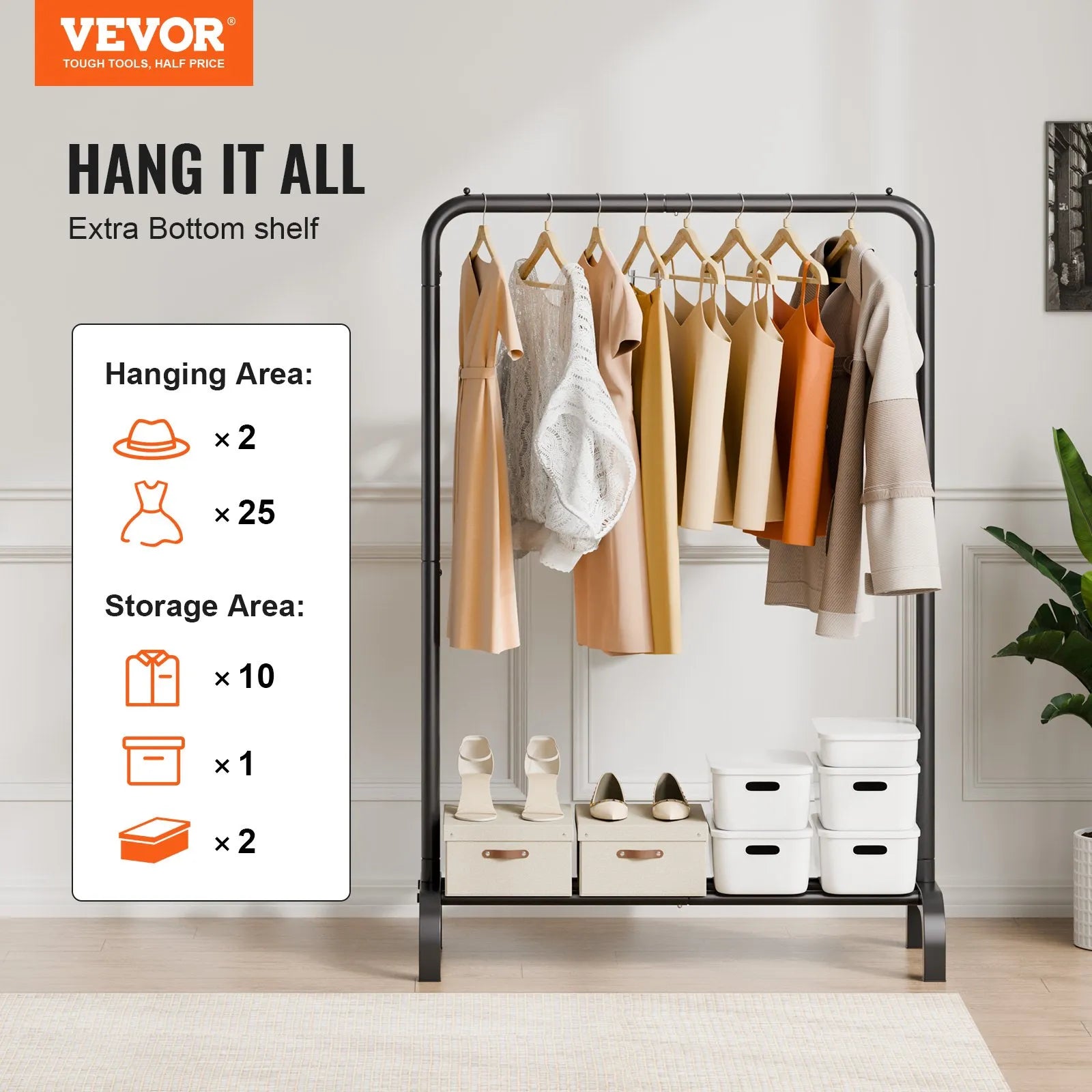 VEVOR Clothes Rack, Heavy Duty Clothing Garment Rack with Hanging Rod and Bottom Storage Area, Clothing Rack for Bedroom Guest Room