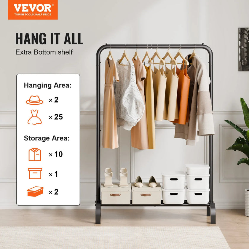 VEVOR Clothes Rack, Heavy Duty Clothing Garment Rack with Hanging Rod and Bottom Storage Area, Clothing Rack for Bedroom Guest Room