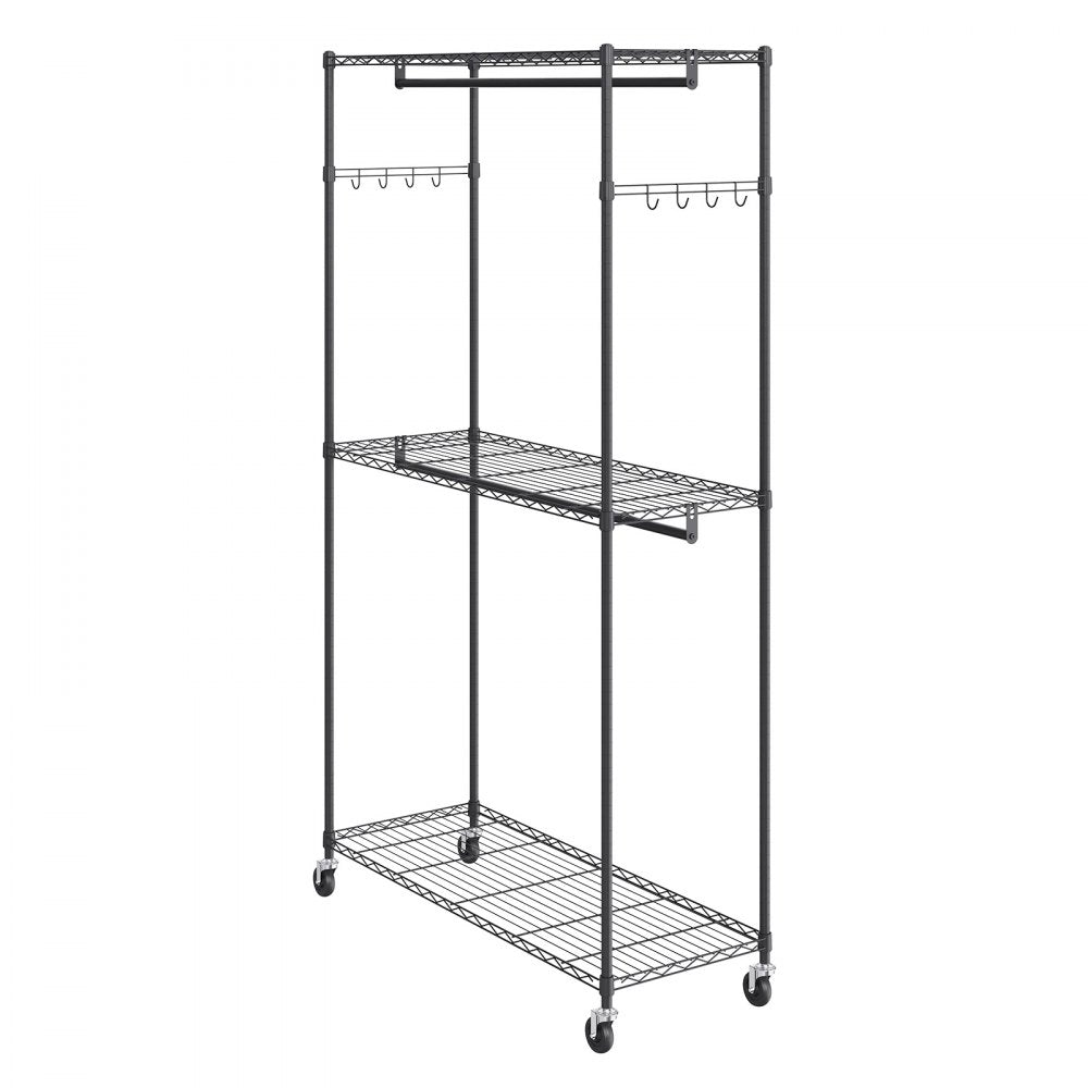 VEVOR Heavy Duty Clothes Rack, Rolling Clothing Garment Rack with 3 Storage Tiers, 2 Rods and 2 Pairs Side Hooks, Adjustable Height Clothing Rack Closet for Hanging Clothes, 400 Lbs Load Capacity