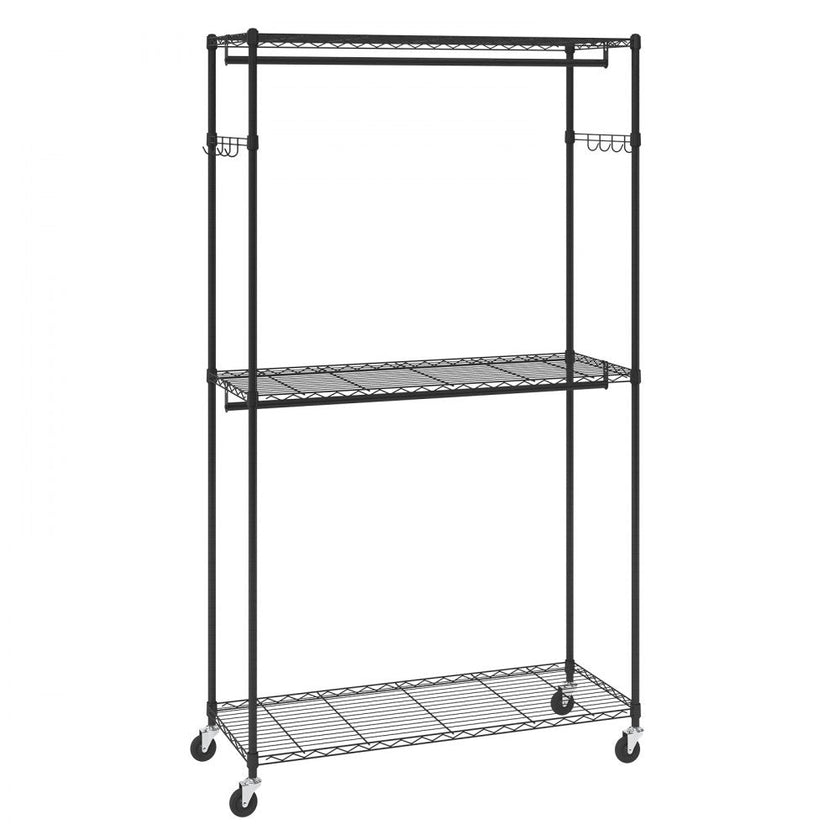 VEVOR Heavy Duty Clothes Rack, Rolling Clothing Garment Rack with 3 Storage Tiers, 2 Rods and 2 Pairs Side Hooks, Adjustable Height Clothing Rack Closet for Hanging Clothes, 400 Lbs Load Capacity