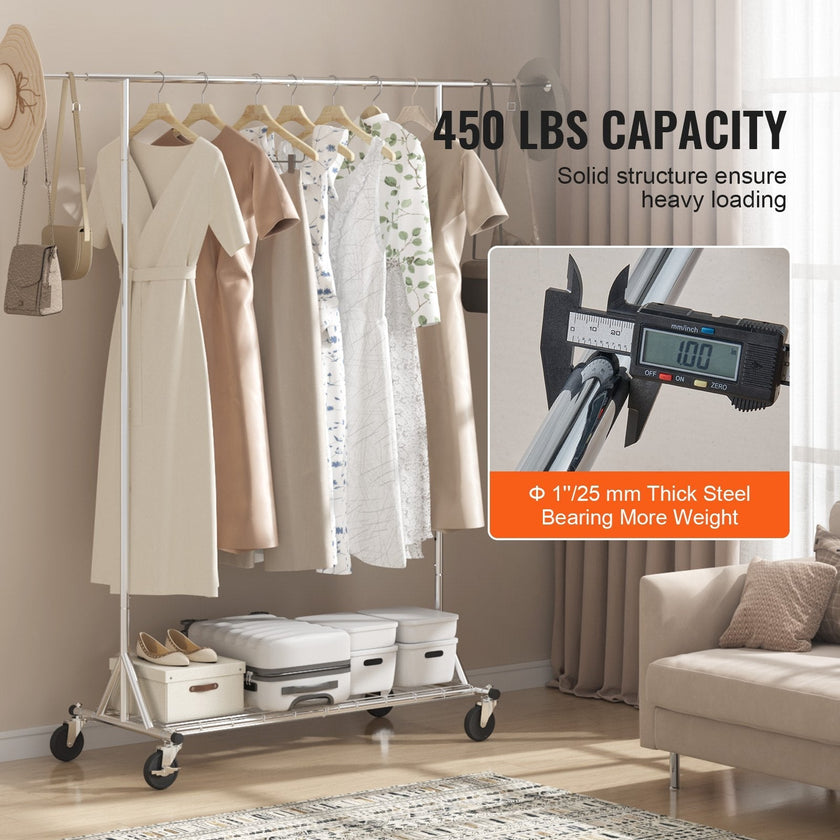 VEVOR Clothes Rack with Wheels, Heavy Duty Clothing Garment Rack, Commercial Clothing Rack for Hanging Clothes with Bottom Storage Area, 450 lbs Load Capacity, Adjustable Height and Extendable Length