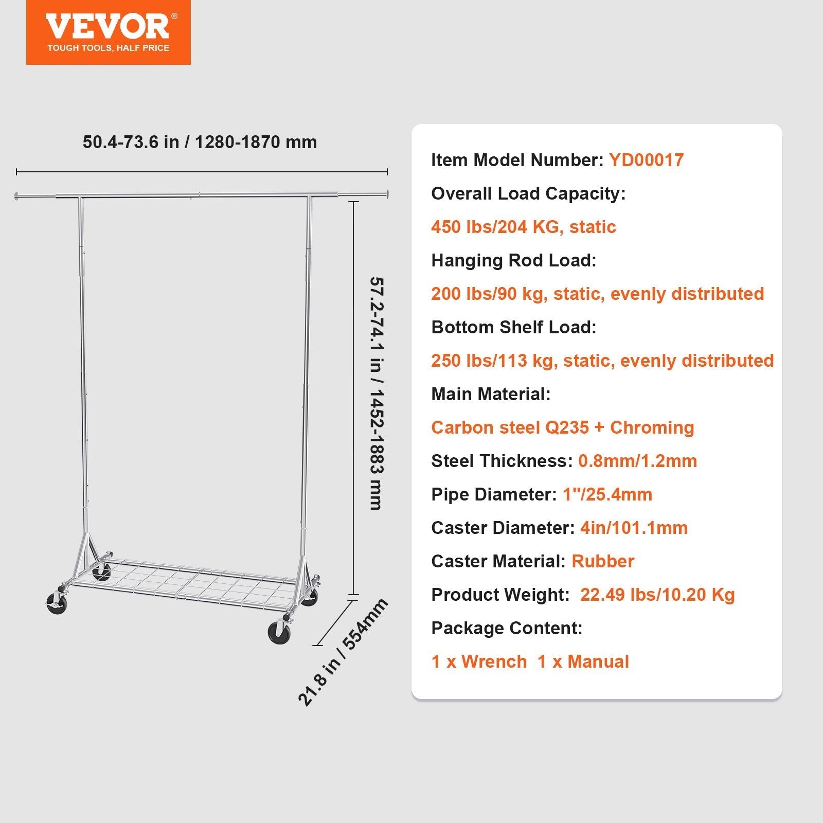 VEVOR Clothes Rack with Wheels, Heavy Duty Clothing Garment Rack, Commercial Clothing Rack for Hanging Clothes with Bottom Storage Area, 450 lbs Load Capacity, Adjustable Height and Extendable Length
