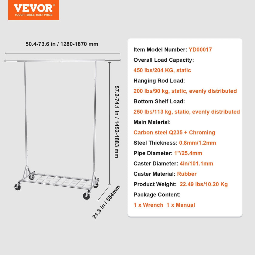 VEVOR Clothes Rack with Wheels, Heavy Duty Clothing Garment Rack, Commercial Clothing Rack for Hanging Clothes with Bottom Storage Area, 450 lbs Load Capacity, Adjustable Height and Extendable Length