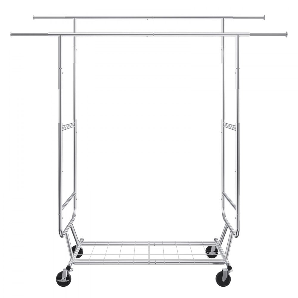 VEVOR Heavy Duty Clothes Rack, Double Hanging Rod Clothing Garment Rack for Hanging Clothes, Adjustable Height and Extendable Length Clothing Rack with Bottom Storage Area, 600 lbs Load Capacity